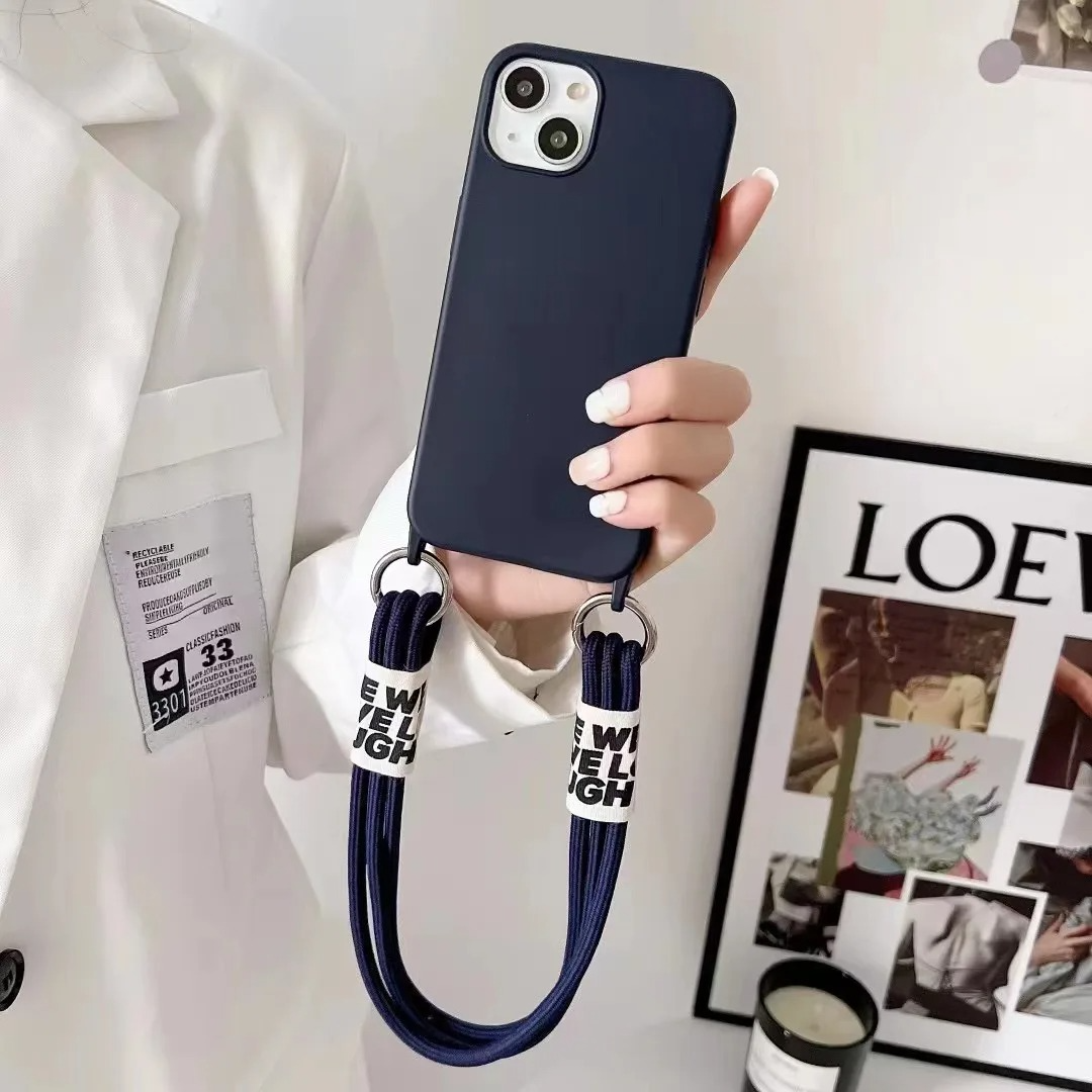 Luxury iPhone Case Crossbody Liquid Silicone — Matte Anti-Fingerprint Shockproof Cover with Lanyard, Full Edge Protection, Non-Slip