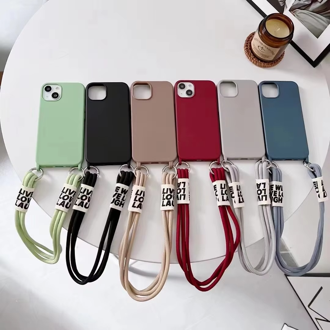 Luxury iPhone Case Crossbody Liquid Silicone — Matte Anti-Fingerprint Shockproof Cover with Lanyard, Full Edge Protection, Non-Slip