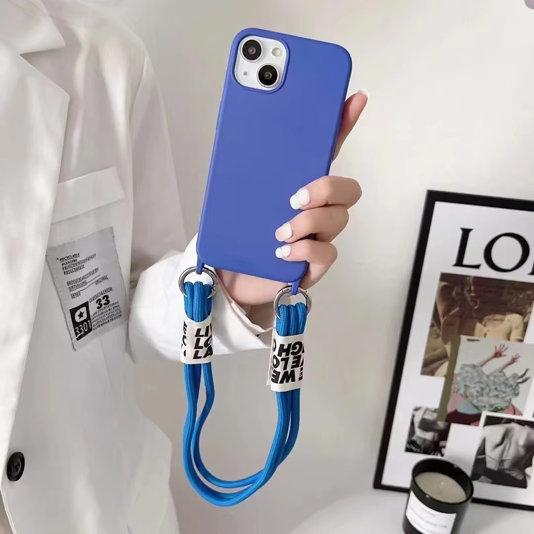 Luxury iPhone Case Crossbody Liquid Silicone — Matte Anti-Fingerprint Shockproof Cover with Lanyard, Full Edge Protection, Non-Slip