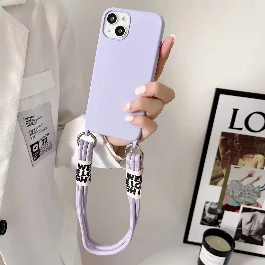 Luxury iPhone Case Crossbody Liquid Silicone — Matte Anti-Fingerprint Shockproof Cover with Lanyard, Full Edge Protection, Non-Slip