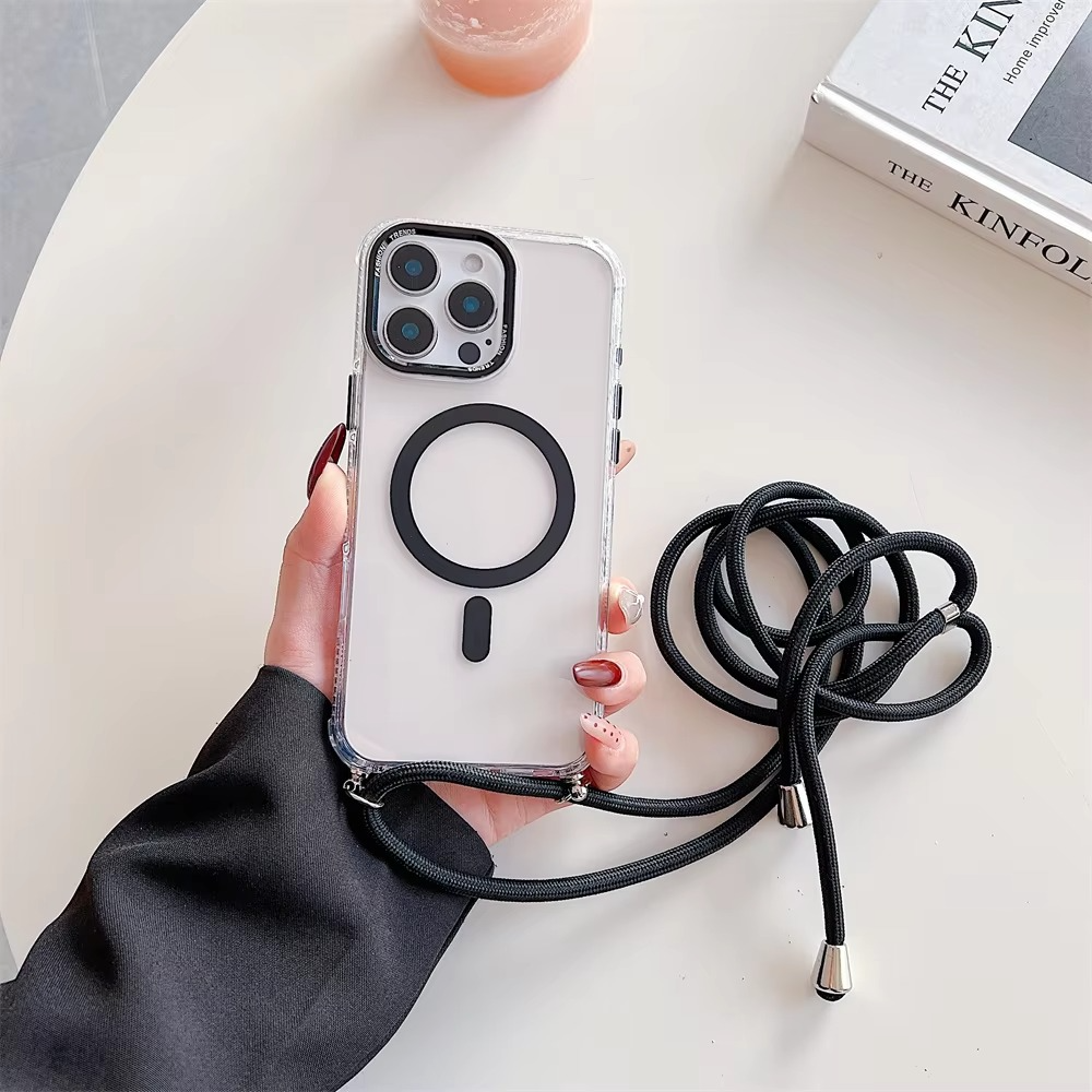 Luxury iPhone Case Crossbody Transparent Magnetic — Magsafe Compatible Shockproof Cover with Anti-Lost Lanyard, Anti-Fingerprint, Non-Slip