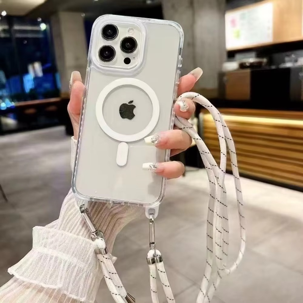 Luxury iPhone Case Crossbody Transparent Magnetic — Magsafe Compatible Shockproof Cover with Anti-Lost Lanyard, Anti-Fingerprint, Non-Slip