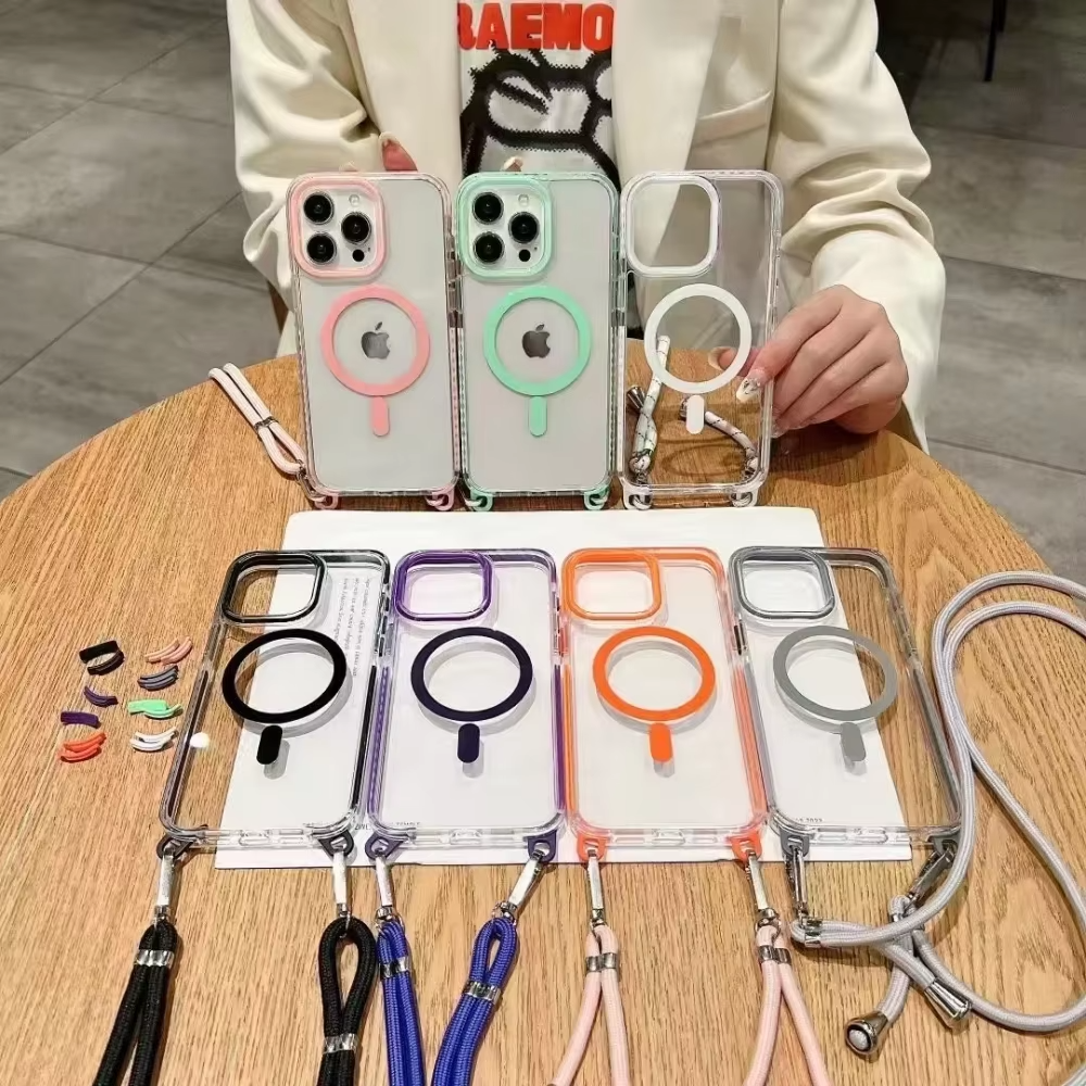 Luxury iPhone Case Crossbody Transparent Magnetic — Magsafe Compatible Shockproof Cover with Anti-Lost Lanyard, Anti-Fingerprint, Non-Slip