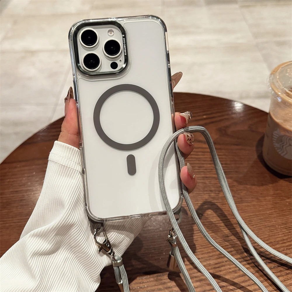 Luxury iPhone Case Crossbody Transparent Magnetic — Magsafe Compatible Shockproof Cover with Anti-Lost Lanyard, Anti-Fingerprint, Non-Slip