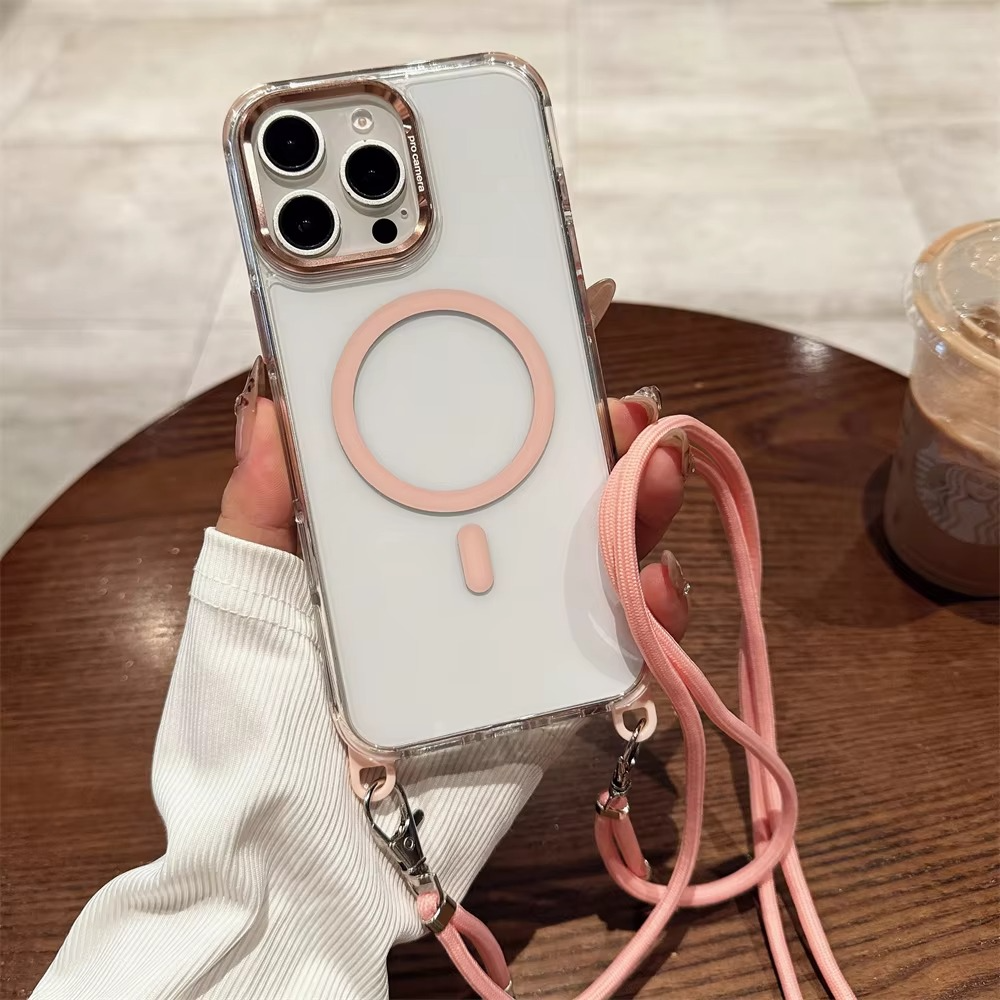 Luxury iPhone Case Crossbody Transparent Magnetic — Magsafe Compatible Shockproof Cover with Anti-Lost Lanyard, Anti-Fingerprint, Non-Slip