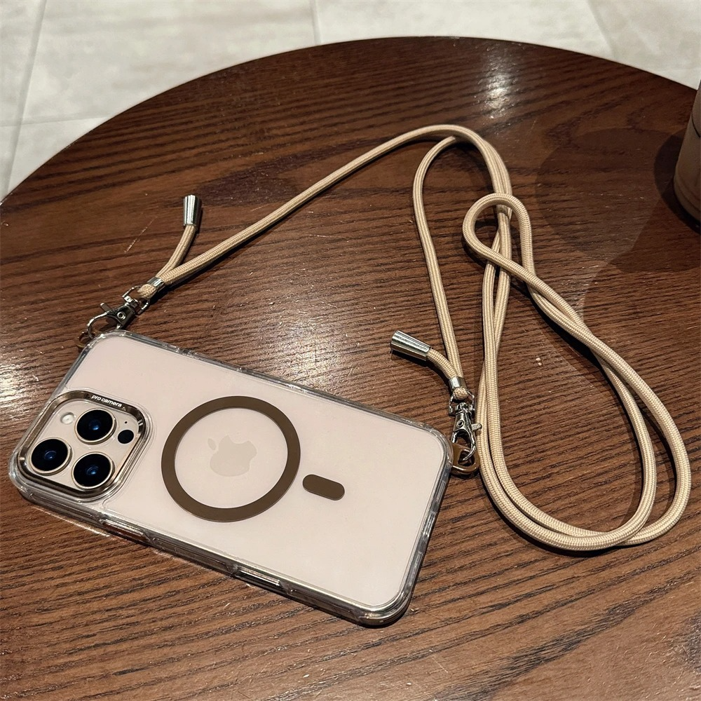 Luxury iPhone Case Crossbody Transparent Magnetic — Magsafe Compatible Shockproof Cover with Anti-Lost Lanyard, Anti-Fingerprint, Non-Slip