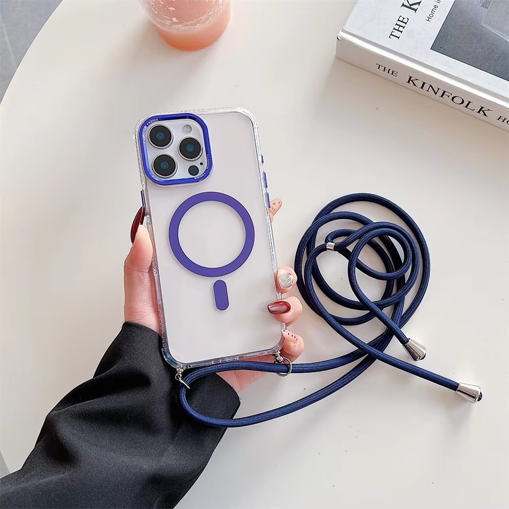 Luxury iPhone Case Crossbody Transparent Magnetic — Magsafe Compatible Shockproof Cover with Anti-Lost Lanyard, Anti-Fingerprint, Non-Slip