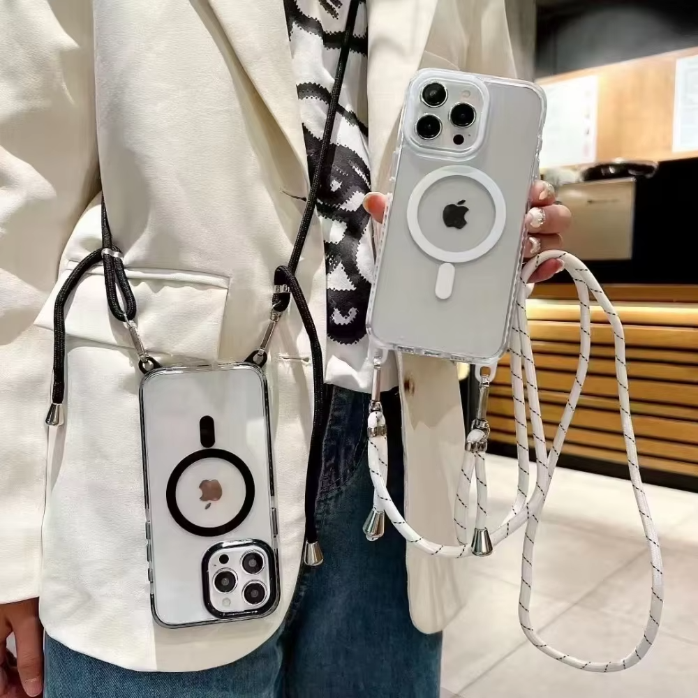 Luxury iPhone Case Crossbody Transparent Magnetic — Magsafe Compatible Shockproof Cover with Anti-Lost Lanyard, Anti-Fingerprint, Non-Slip