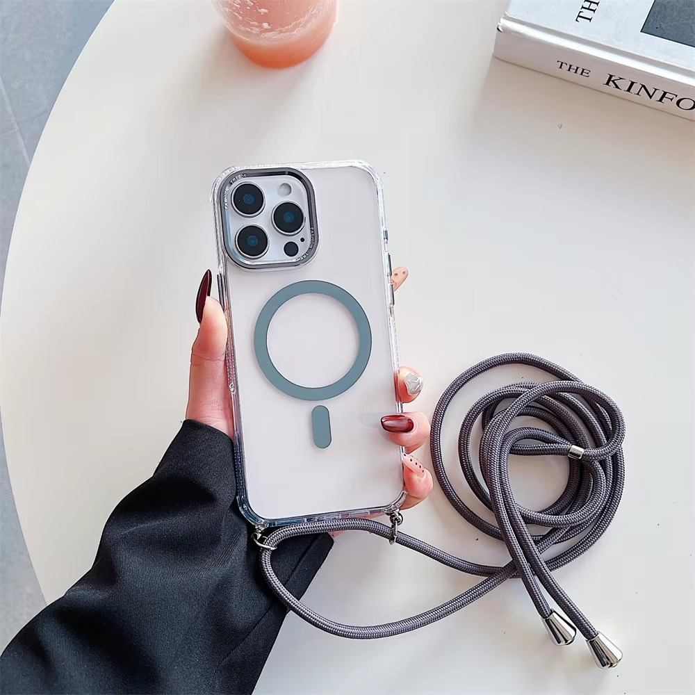 Luxury iPhone Case Crossbody Transparent Magnetic — Magsafe Compatible Shockproof Cover with Anti-Lost Lanyard, Anti-Fingerprint, Non-Slip