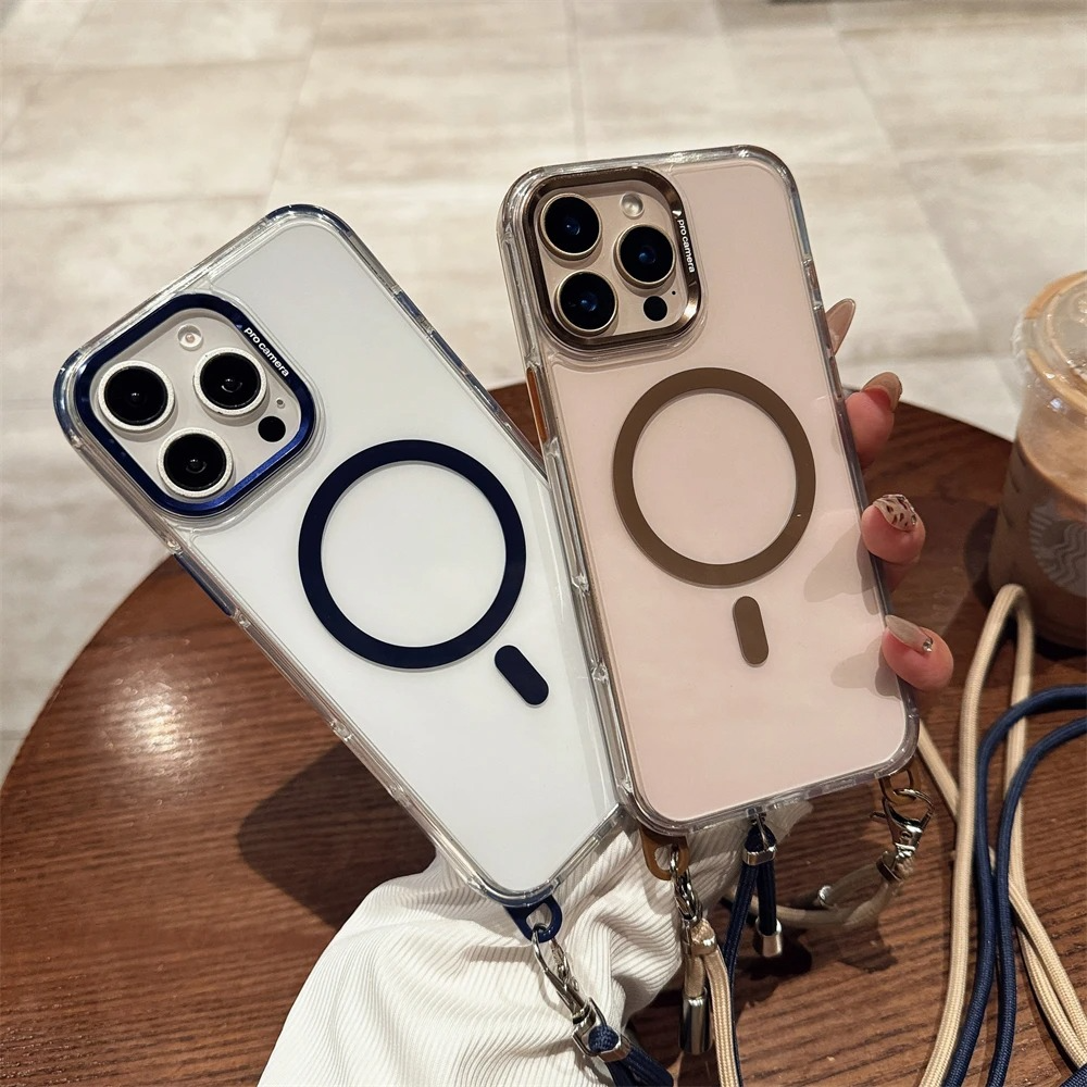 Luxury iPhone Case Crossbody Transparent Magnetic — Magsafe Compatible Shockproof Cover with Anti-Lost Lanyard, Anti-Fingerprint, Non-Slip