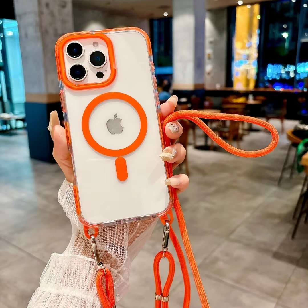 Luxury iPhone Case Crossbody Transparent Magnetic — Magsafe Compatible Shockproof Cover with Anti-Lost Lanyard, Anti-Fingerprint, Non-Slip