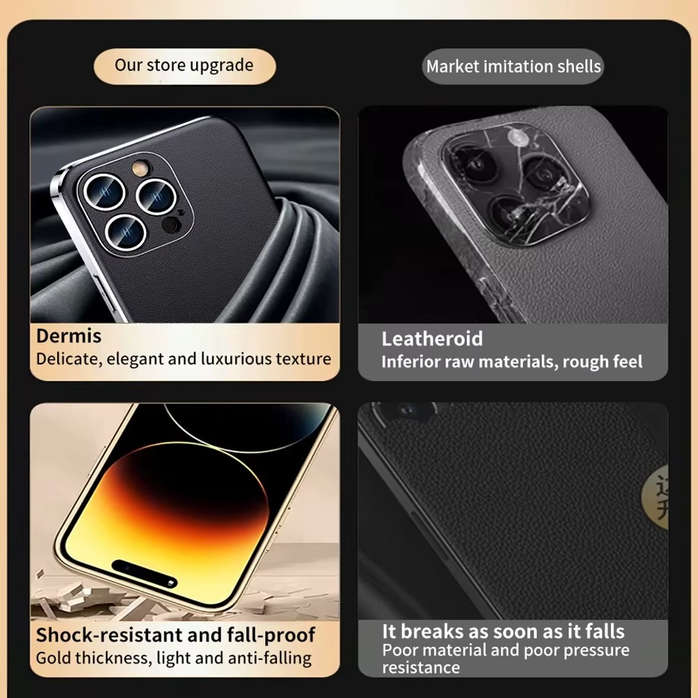 Luxury iPhone Case Genuine Cowhide Leather Back Cover — Full Camera Lens Protection, Plated Edges, Anti-Fingerprint Matte Finish, Wireless Charging Compatible