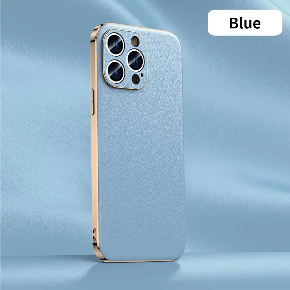 Luxury iPhone Case Genuine Cowhide Leather Back Cover — Full Camera Lens Protection, Plated Edges, Anti-Fingerprint Matte Finish, Wireless Charging Compatible