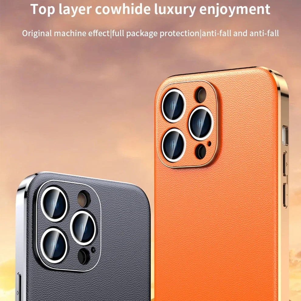 Luxury iPhone Case Genuine Cowhide Leather Back Cover — Full Camera Lens Protection, Plated Edges, Anti-Fingerprint Matte Finish, Wireless Charging Compatible