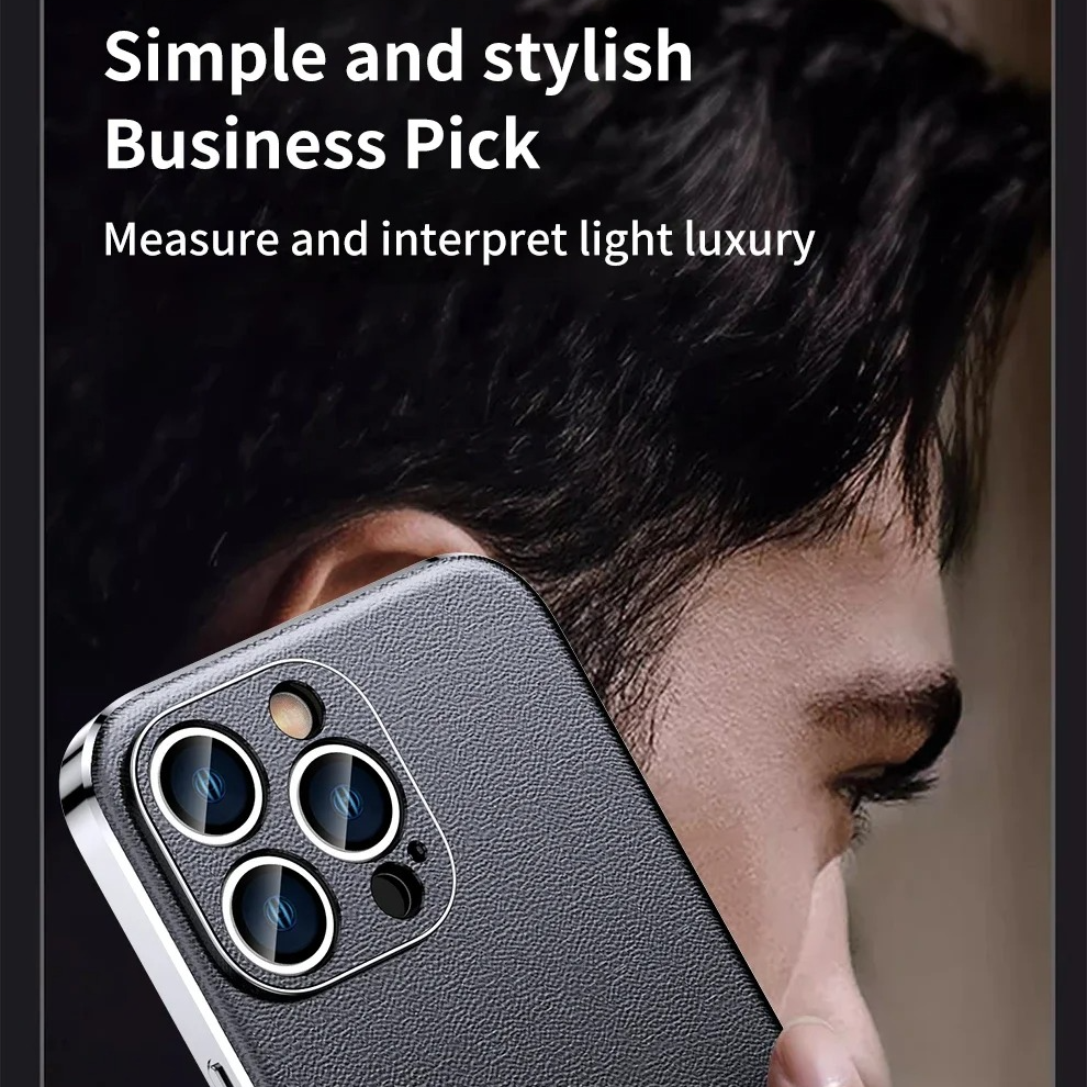 Luxury iPhone Case Genuine Cowhide Leather Back Cover — Full Camera Lens Protection, Plated Edges, Anti-Fingerprint Matte Finish, Wireless Charging Compatible