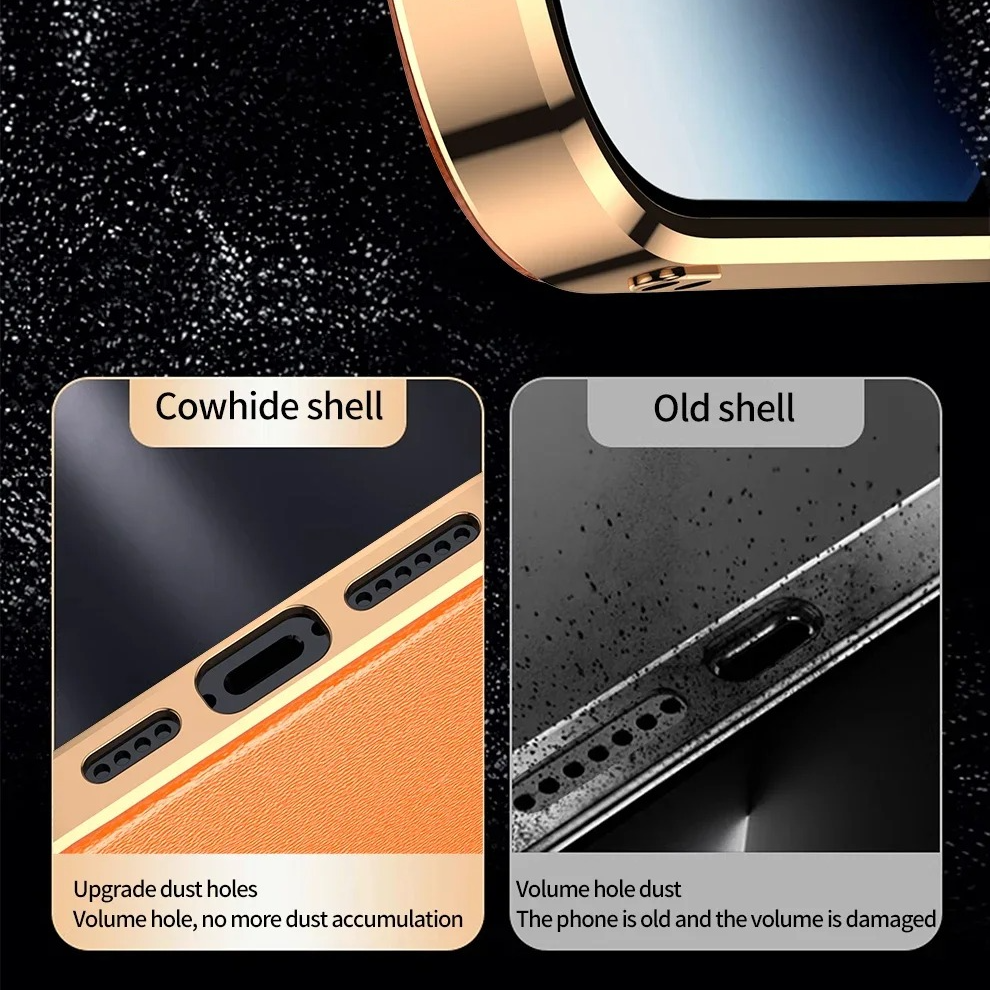 Luxury iPhone Case Genuine Cowhide Leather Back Cover — Full Camera Lens Protection, Plated Edges, Anti-Fingerprint Matte Finish, Wireless Charging Compatible