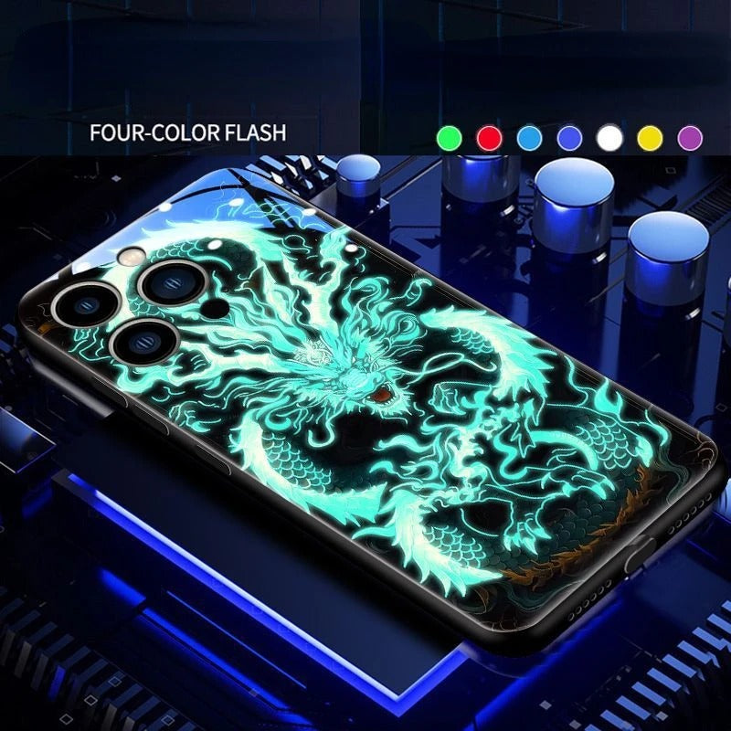 Luxury iPhone Case Green Dragon LED Light Cover — Smart Sound Control Glowing Design, Tempered Glass Back, Shockproof Anti-Fingerprint Full Coverage Protection