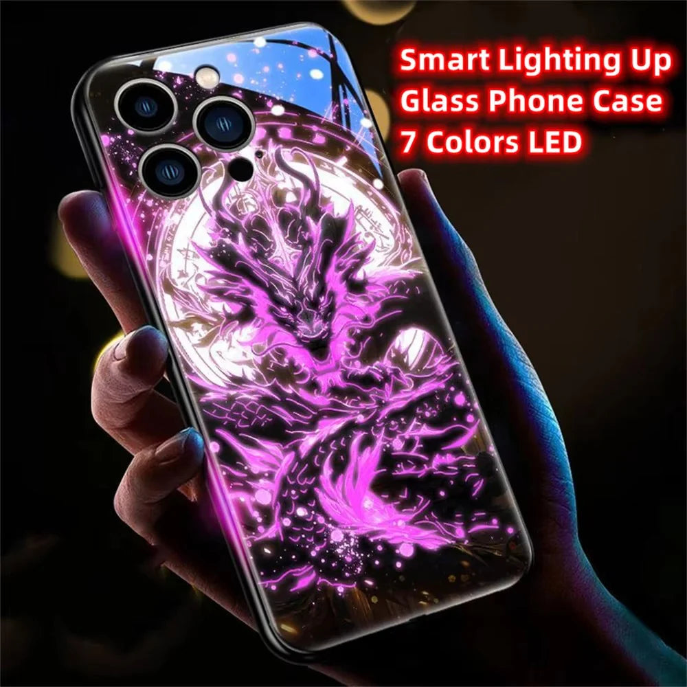Luxury iPhone Case Green Dragon LED Light Cover — Smart Sound Control Glowing Design, Tempered Glass Back, Shockproof Anti-Fingerprint Full Coverage Protection