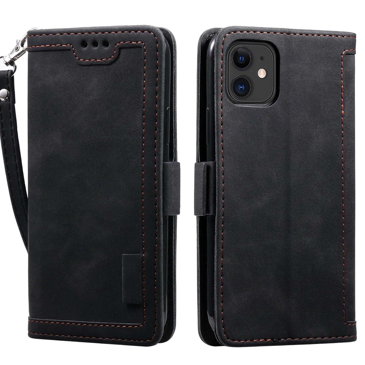 Luxury iPhone Case Leather Wallet Flip Cover — Hand Strap Design, Card Slots Holder, Shockproof Protection, Stylish and Functional Phone Case