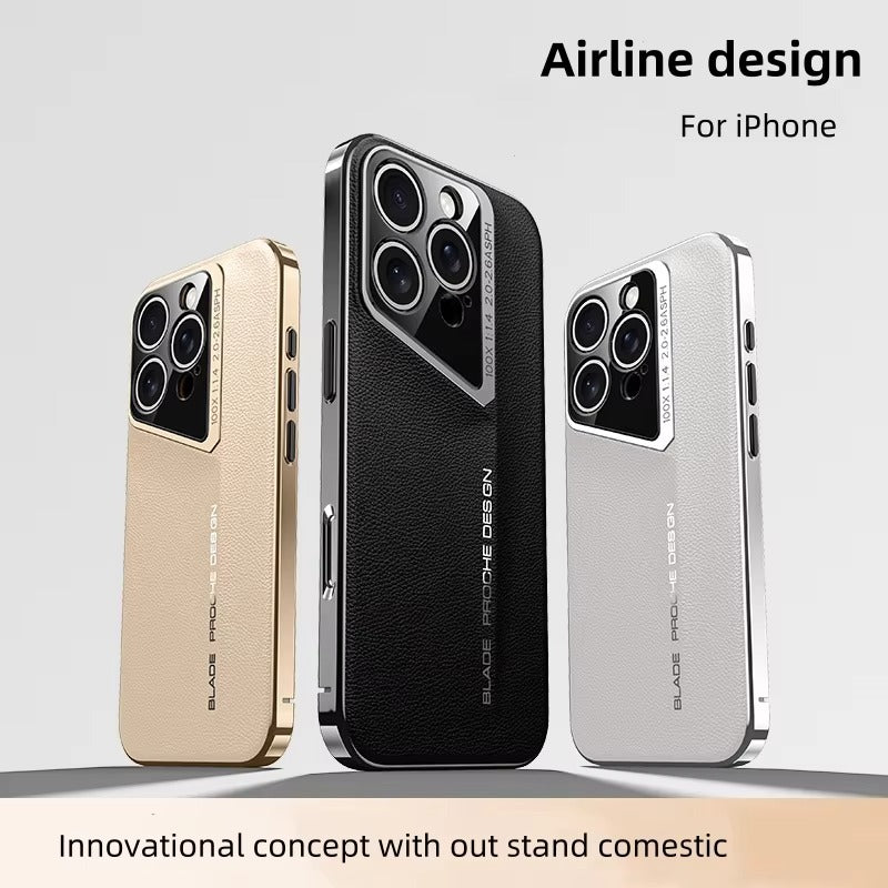 Luxury iPhone Case MagSafe Compatible Camera Lens Protection — Vegan PU Leather Cover, Electroplated Metal Frame, Slim Drop-Proof Business Style