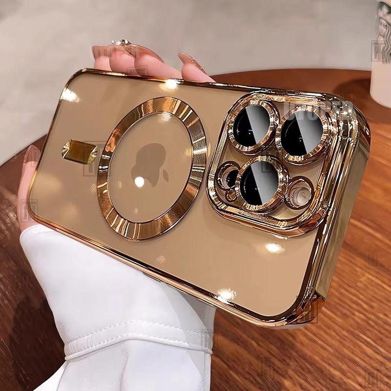 Luxury iPhone Case MagSafe Compatible Clear Back Cover — Desert Gold Frame, Magnetic Lens Protection, Soft Shockproof Design, Slim Scratch-Resistant Finish