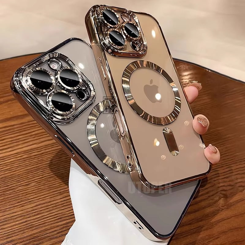 Luxury iPhone Case MagSafe Compatible Clear Back Cover — Desert Gold Frame, Magnetic Lens Protection, Soft Shockproof Design, Slim Scratch-Resistant Finish