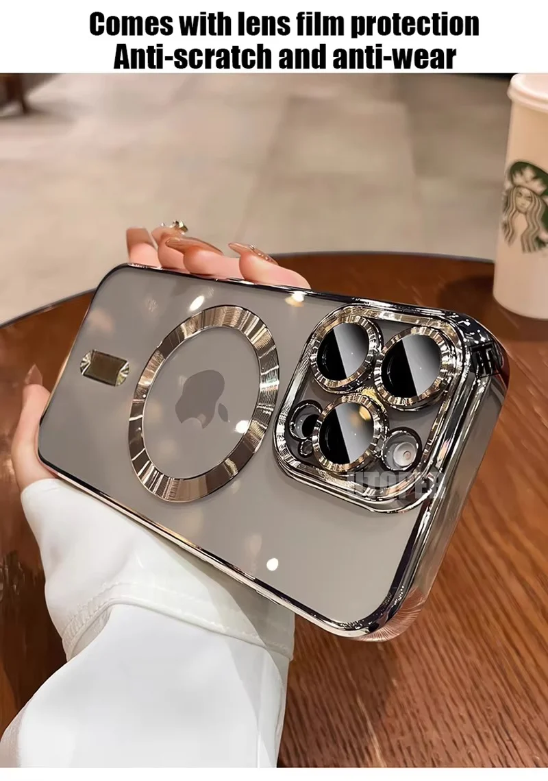 Luxury iPhone Case MagSafe Compatible Clear Back Cover — Desert Gold Frame, Magnetic Lens Protection, Soft Shockproof Design, Slim Scratch-Resistant Finish