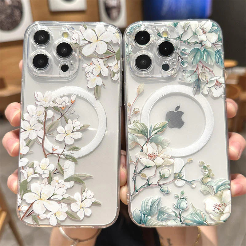 Luxury iPhone Case MagSafe Compatible Clear Floral Cover — Transparent Silicone Design, Magnetic Wireless Charging, Shockproof Anti-Fingerprint Scratch-Resistant