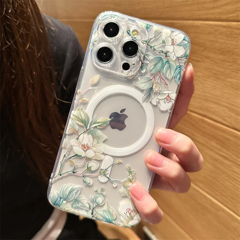 Luxury iPhone Case MagSafe Compatible Clear Floral Cover — Transparent Silicone Design, Magnetic Wireless Charging, Shockproof Anti-Fingerprint Scratch-Resistant