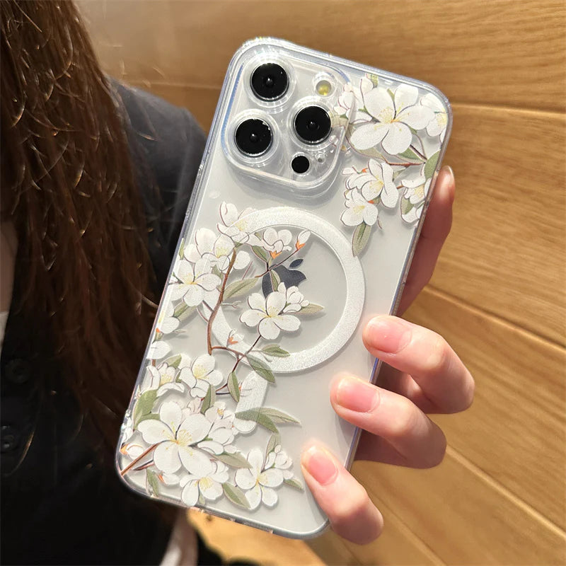 Luxury iPhone Case MagSafe Compatible Clear Floral Cover — Transparent Silicone Design, Magnetic Wireless Charging, Shockproof Anti-Fingerprint Scratch-Resistant
