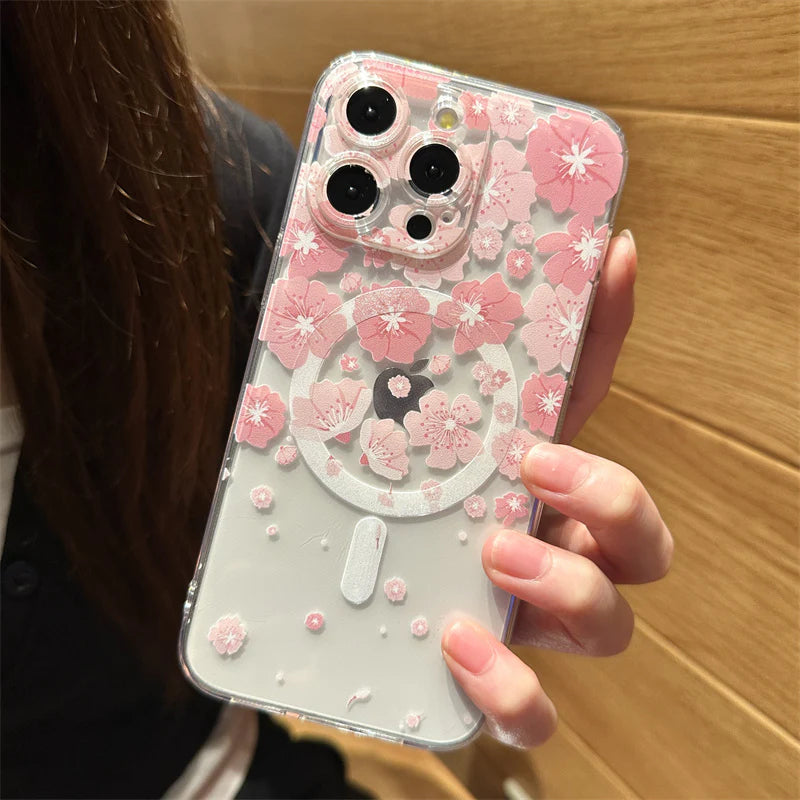 Luxury iPhone Case MagSafe Compatible Clear Floral Cover — Transparent Silicone Design, Magnetic Wireless Charging, Shockproof Anti-Fingerprint Scratch-Resistant