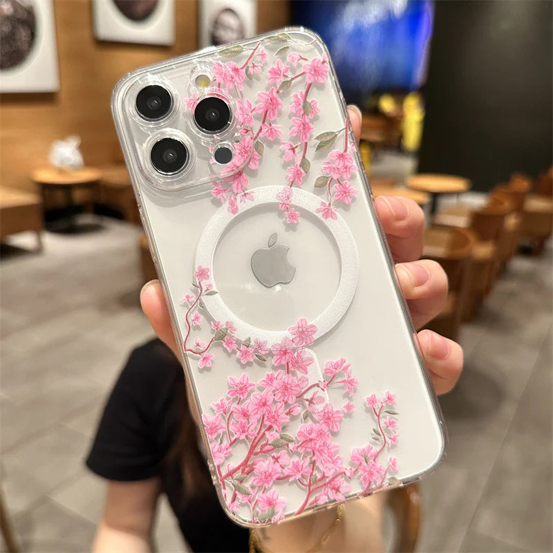 Luxury iPhone Case MagSafe Compatible Clear Floral Cover — Transparent Silicone Design, Magnetic Wireless Charging, Shockproof Anti-Fingerprint Scratch-Resistant
