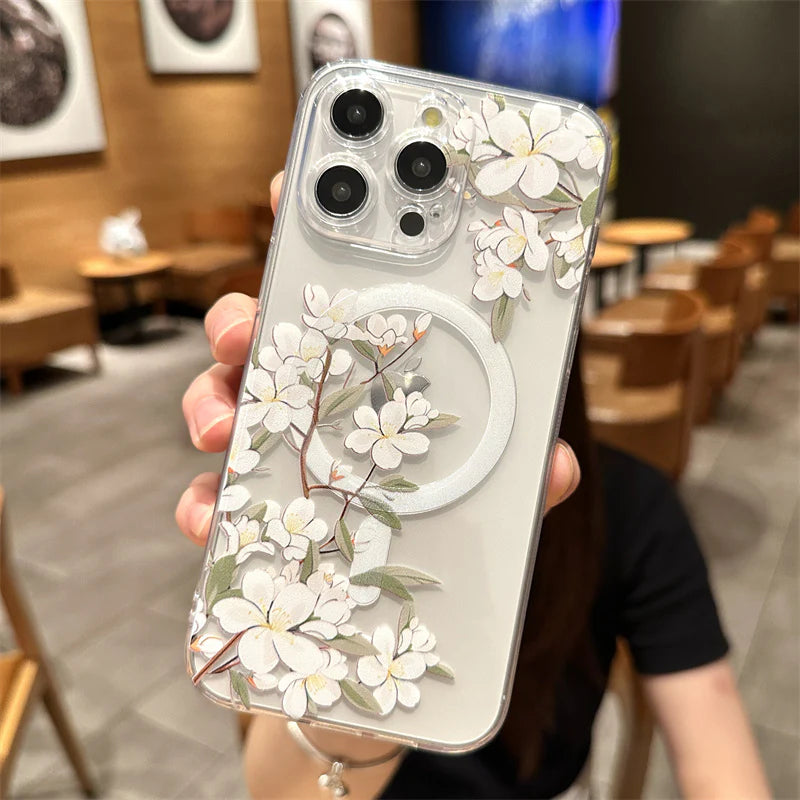 Luxury iPhone Case MagSafe Compatible Clear Floral Cover — Transparent Silicone Design, Magnetic Wireless Charging, Shockproof Anti-Fingerprint Scratch-Resistant