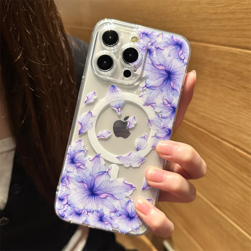 Luxury iPhone Case MagSafe Compatible Clear Floral Cover — Transparent Silicone Design, Magnetic Wireless Charging, Shockproof Anti-Fingerprint Scratch-Resistant