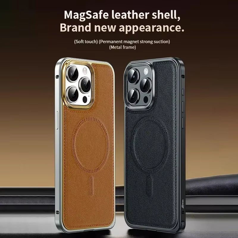 Luxury iPhone Case MagSafe Compatible Leather Back Cover — Aluminum Alloy Metal Frame, Shockproof Design, Magnetic Wireless Charging, Premium Finish
