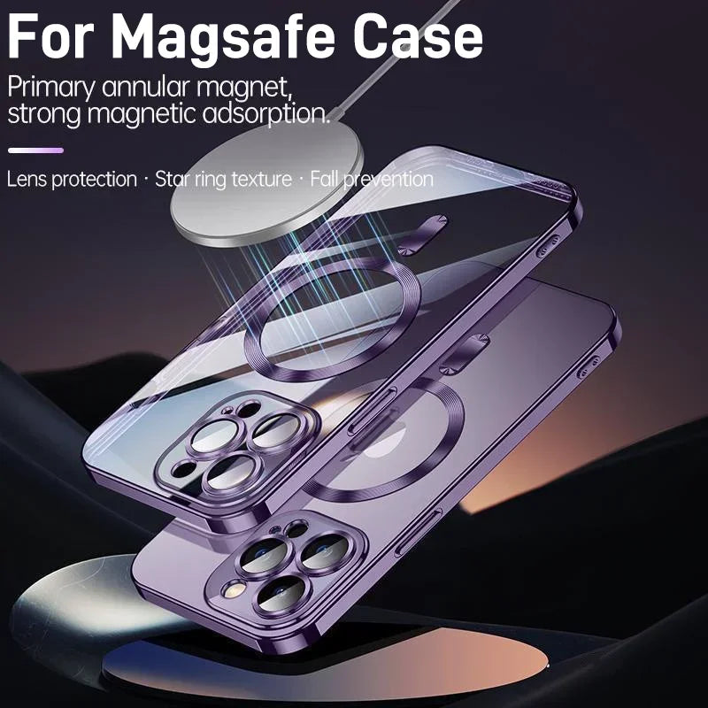 Luxury iPhone Case MagSafe Compatible Plating Clear Cover — Magnetic Wireless Charging Support, Lens Protector, Anti-Fingerprint Scratch-Resistant Design