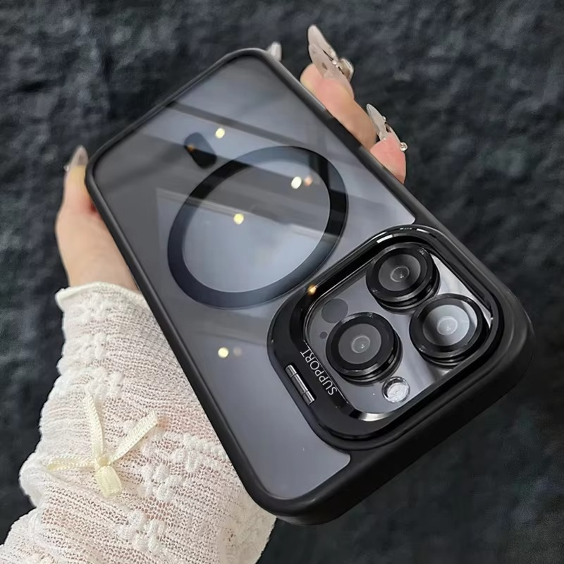 Luxury iPhone Case MagSafe Compatible Shockproof Cover — Magnetic Design with Stand, Glass Camera Lens Protector, Full Coverage Slim Scratch-Resistant Protection