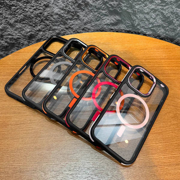 Luxury iPhone Case MagSafe Compatible Shockproof Cover — Magnetic Design with Stand, Glass Camera Lens Protector, Slim Transparent Anti-Fingerprint Finish