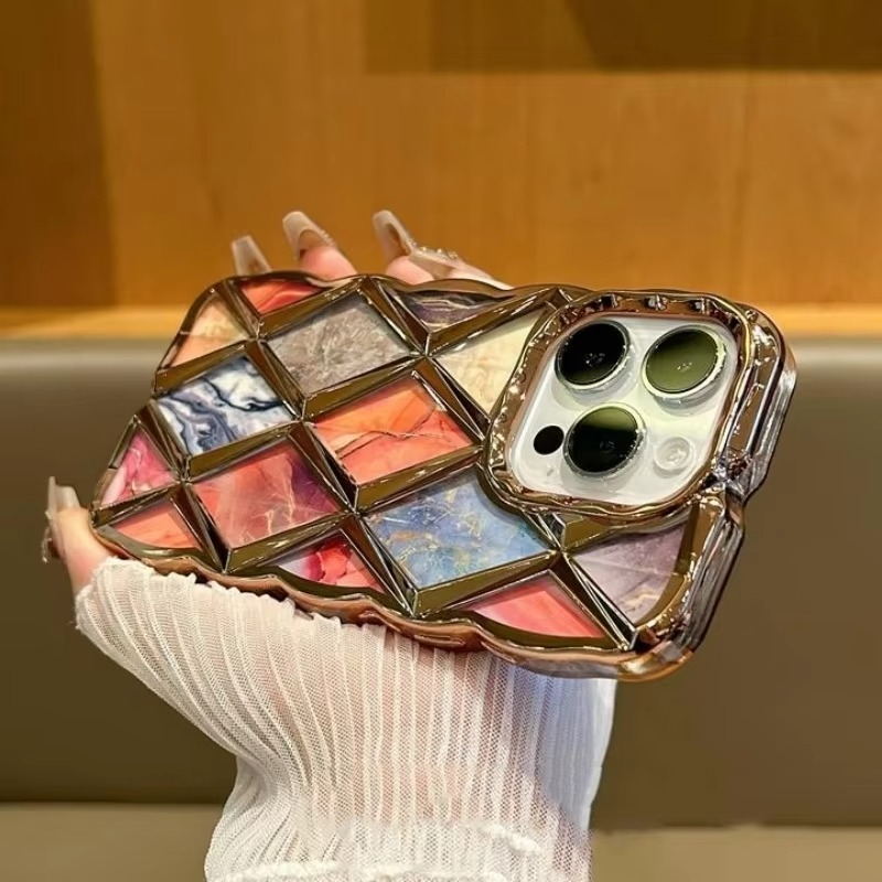 Luxury iPhone Case Plating Rhombic Marble Design — Fashion Full Body Protective Cover, Stylish Slim Shockproof Scratch-Resistant Finish