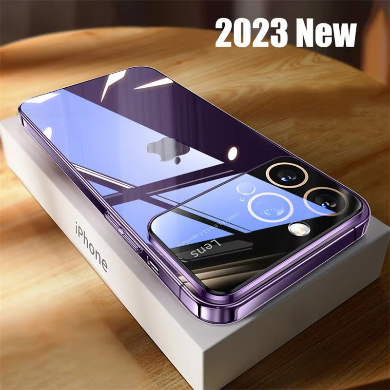 Luxury iPhone Case Tempered Glass Camera Protection — Transparent Acrylic Hard Cover, Plated Edges, Slim Shockproof Design, Scratch-Resistant Clear Finish