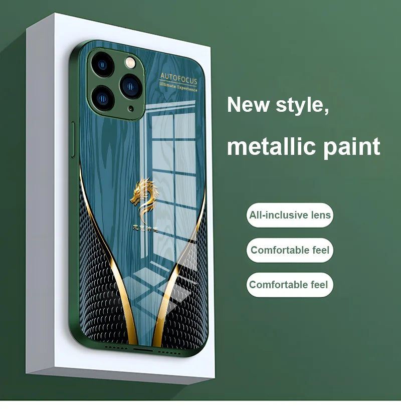 Luxury iPhone Case Wood Grain Dragon Rose Design — Tempered Glass Back Cover, Shockproof PC+TPU Frame, Scratch-Resistant Anti-Fingerprint Protection