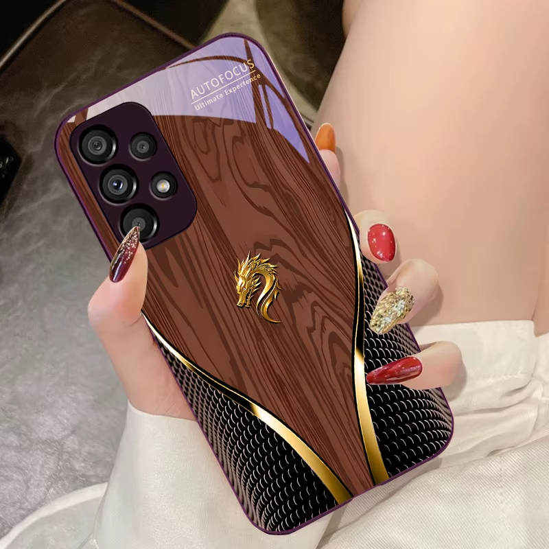 Luxury iPhone Case Wood Grain Dragon Rose Design — Tempered Glass Back Cover, Shockproof PC+TPU Frame, Scratch-Resistant Anti-Fingerprint Protection