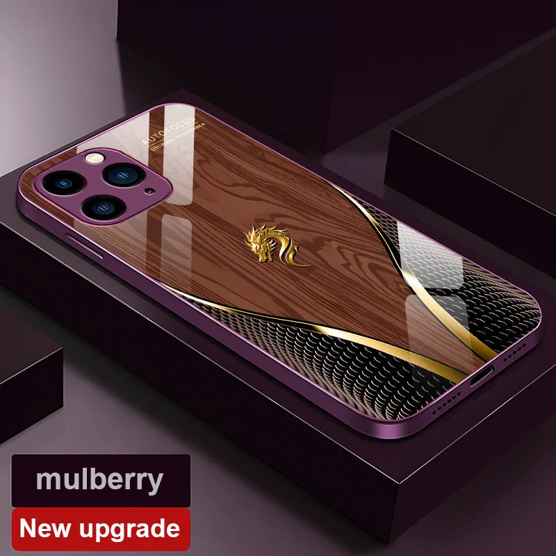 Luxury iPhone Case Wood Grain Dragon Rose Design — Tempered Glass Back Cover, Shockproof PC+TPU Frame, Scratch-Resistant Anti-Fingerprint Protection