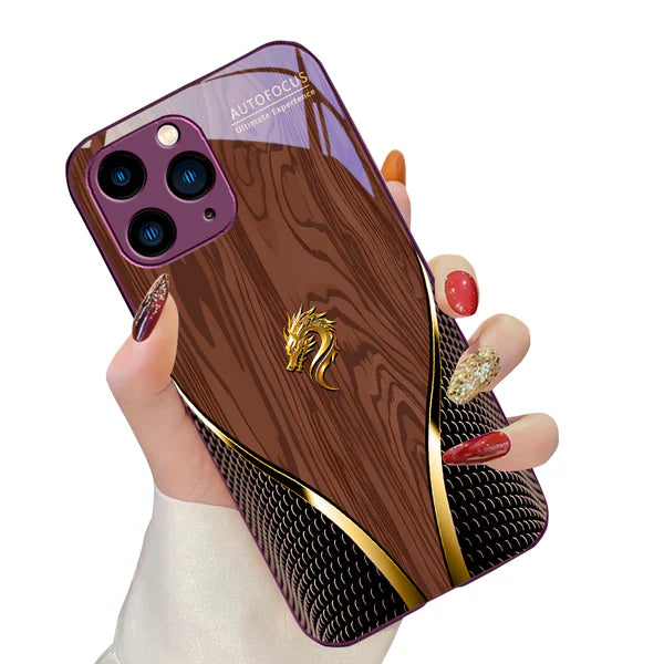 Luxury iPhone Case Wood Grain Dragon Rose Design — Tempered Glass Back Cover, Shockproof PC+TPU Frame, Scratch-Resistant Anti-Fingerprint Protection