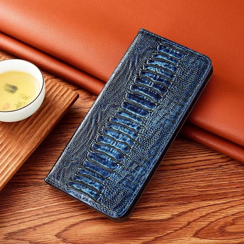 Luxury iPhone Case — Ostrich Foot Genuine Leather Cover, Magnetic Wallet with Card Pocket, Kickstand Function, Water-Resistant Design