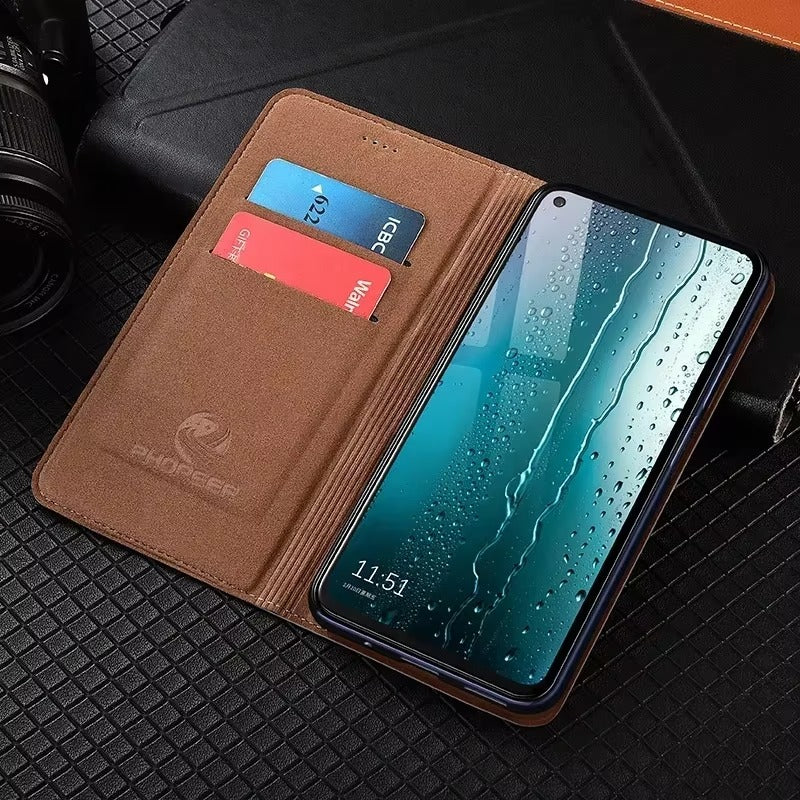 Luxury iPhone Case — Ostrich Foot Genuine Leather Cover, Magnetic Wallet with Card Pocket, Kickstand Function, Water-Resistant Design