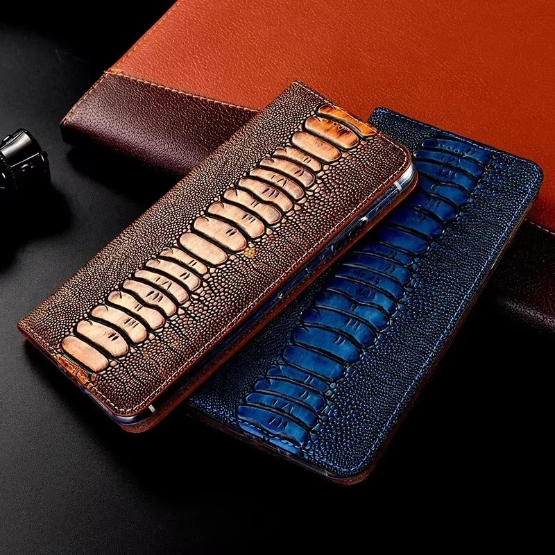 Luxury iPhone Case — Ostrich Foot Genuine Leather Cover, Magnetic Wallet with Card Pocket, Kickstand Function, Water-Resistant Design