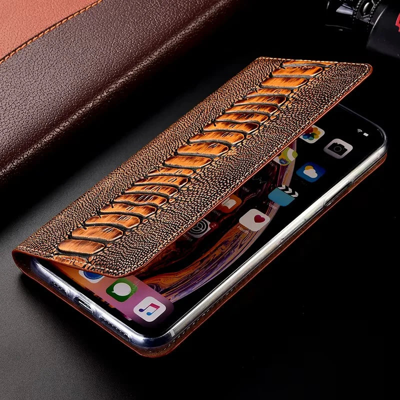 Luxury iPhone Case — Ostrich Foot Genuine Leather Cover, Magnetic Wallet with Card Pocket, Kickstand Function, Water-Resistant Designvvvvvvv