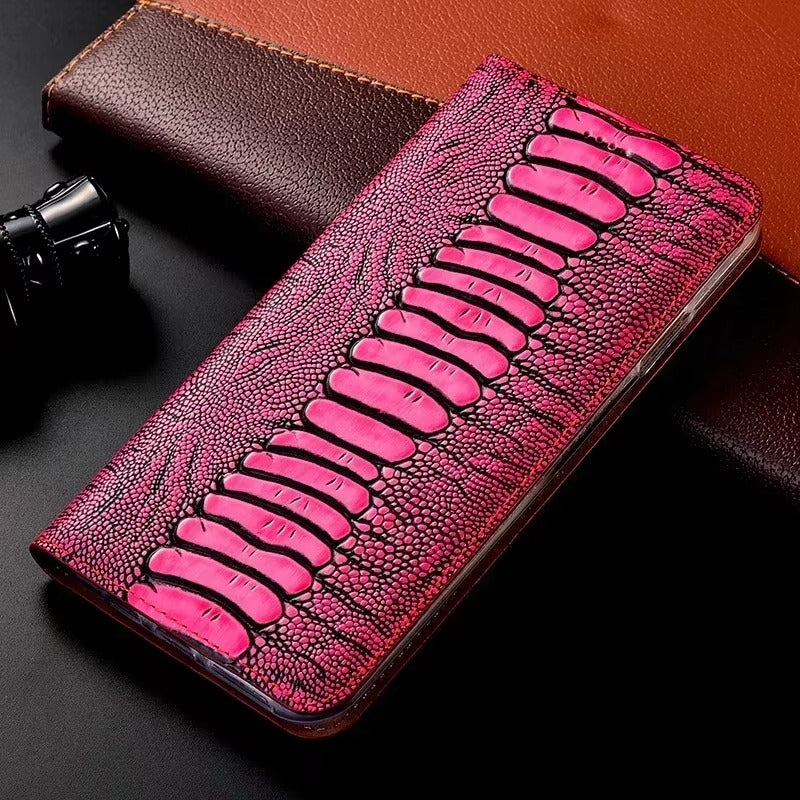Luxury iPhone Case — Ostrich Foot Genuine Leather Cover, Magnetic Wallet with Card Pocket, Kickstand Function, Water-Resistant Design