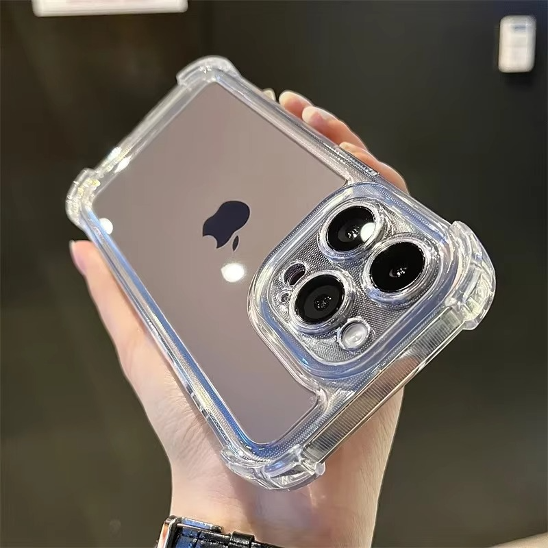 Luxury iPhone Clear Soft Case with Camera Protector — Plating Airbag Design, Shockproof Transparent Cover, Anti-Fingerprint Scratch-Resistant Non-Slip Finish